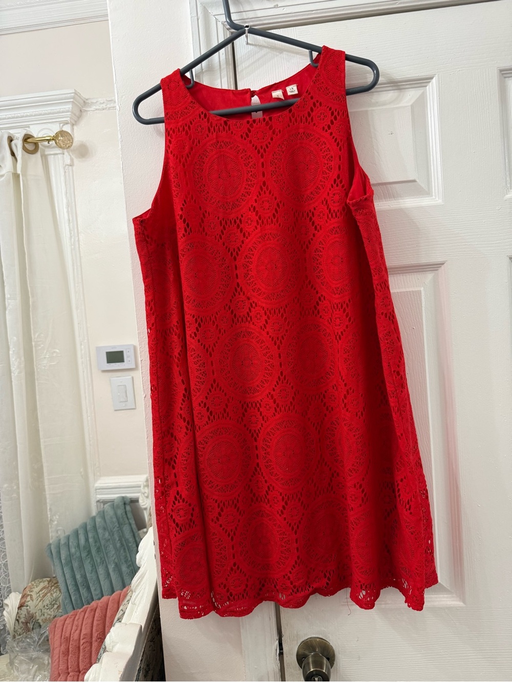 Tacera Bright Red Crochet Lace Midi Dress